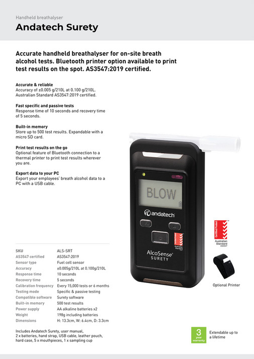 Andatech - Andatech Surety Industrial Breathalyser Fact Sheet - Page 1 