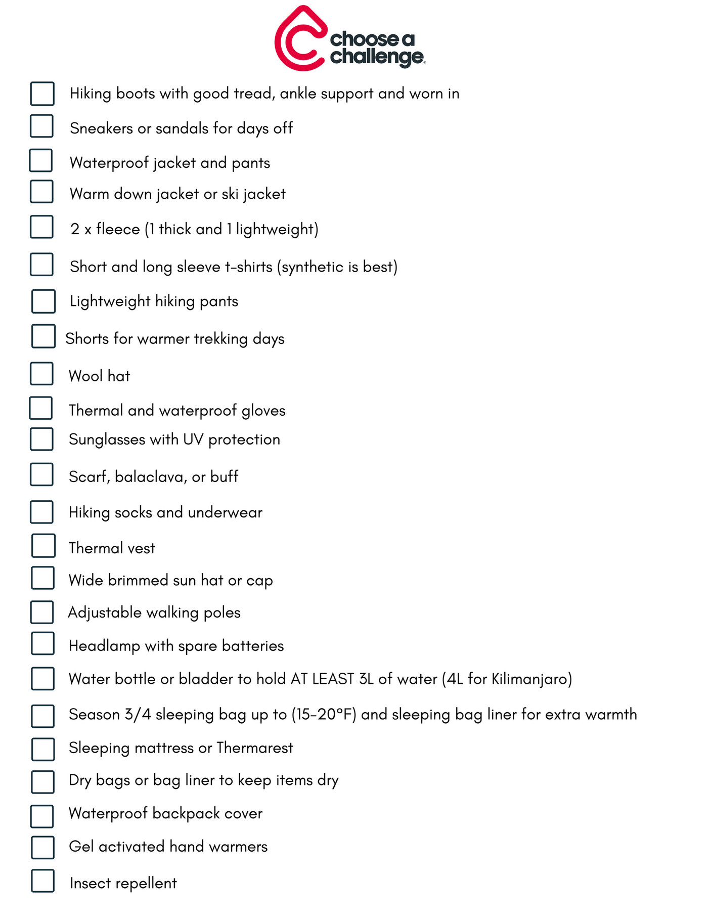 Choose A Challenge Information Packs - Printable Packing List - Page 1 ...