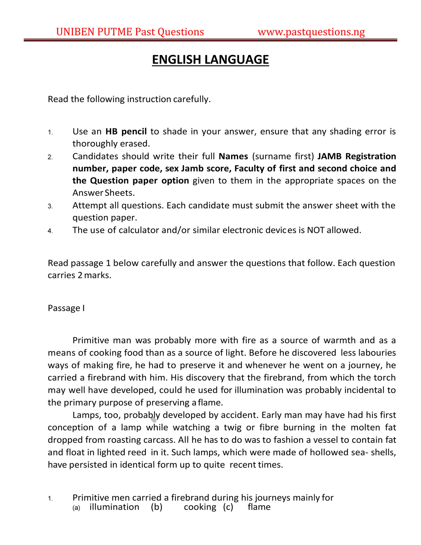 pastquestions Uniben Post UTME Past Questions and Answers Page 1