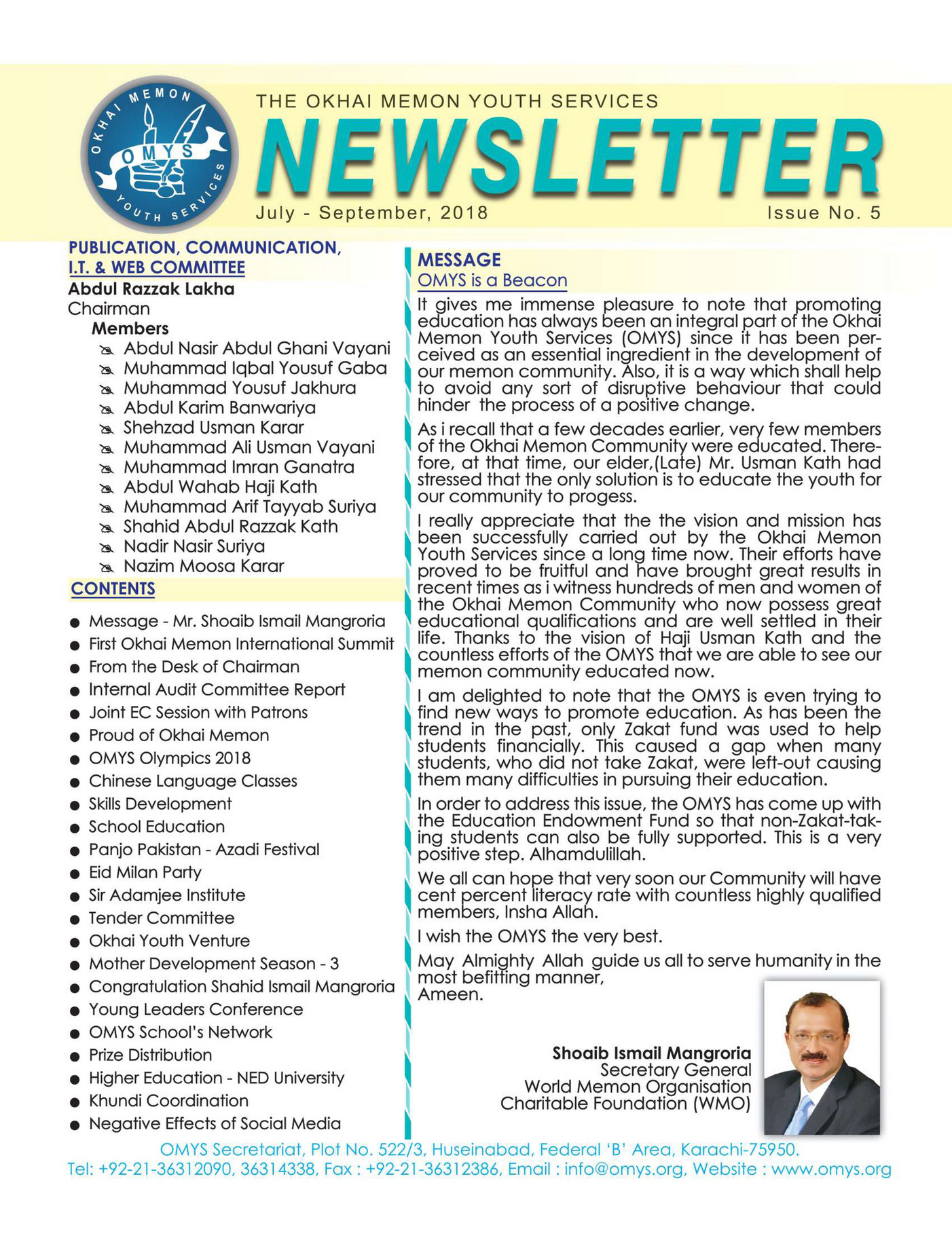 Newsletter | Okhai Memon Youth Services - OMYS 5th Newsletter 2018 ...