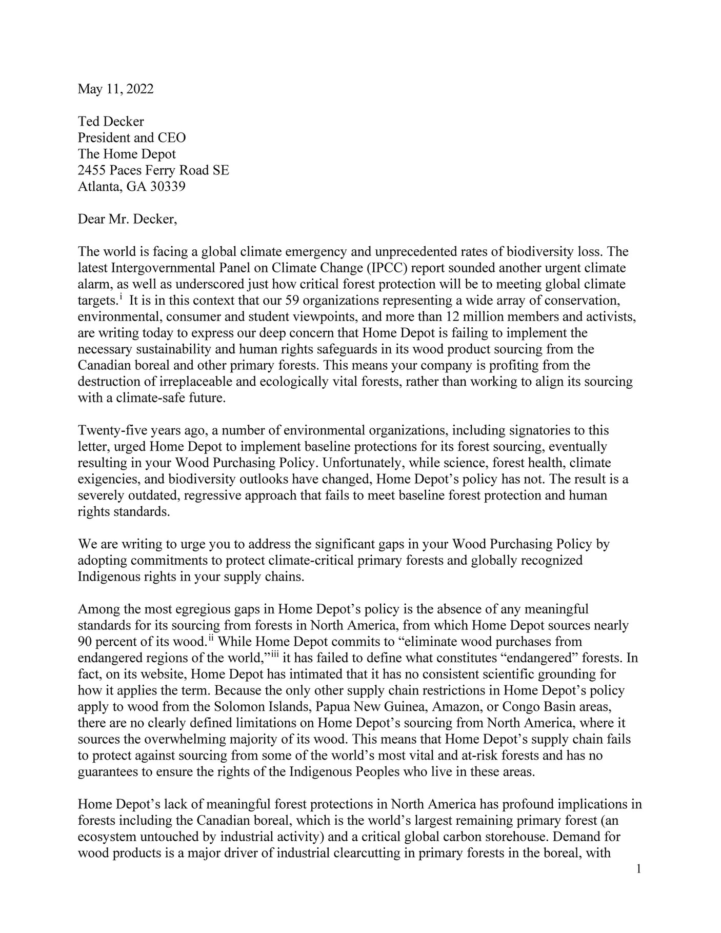 Home Depot CEO Letter: RE forest and climate destruction - Page 1