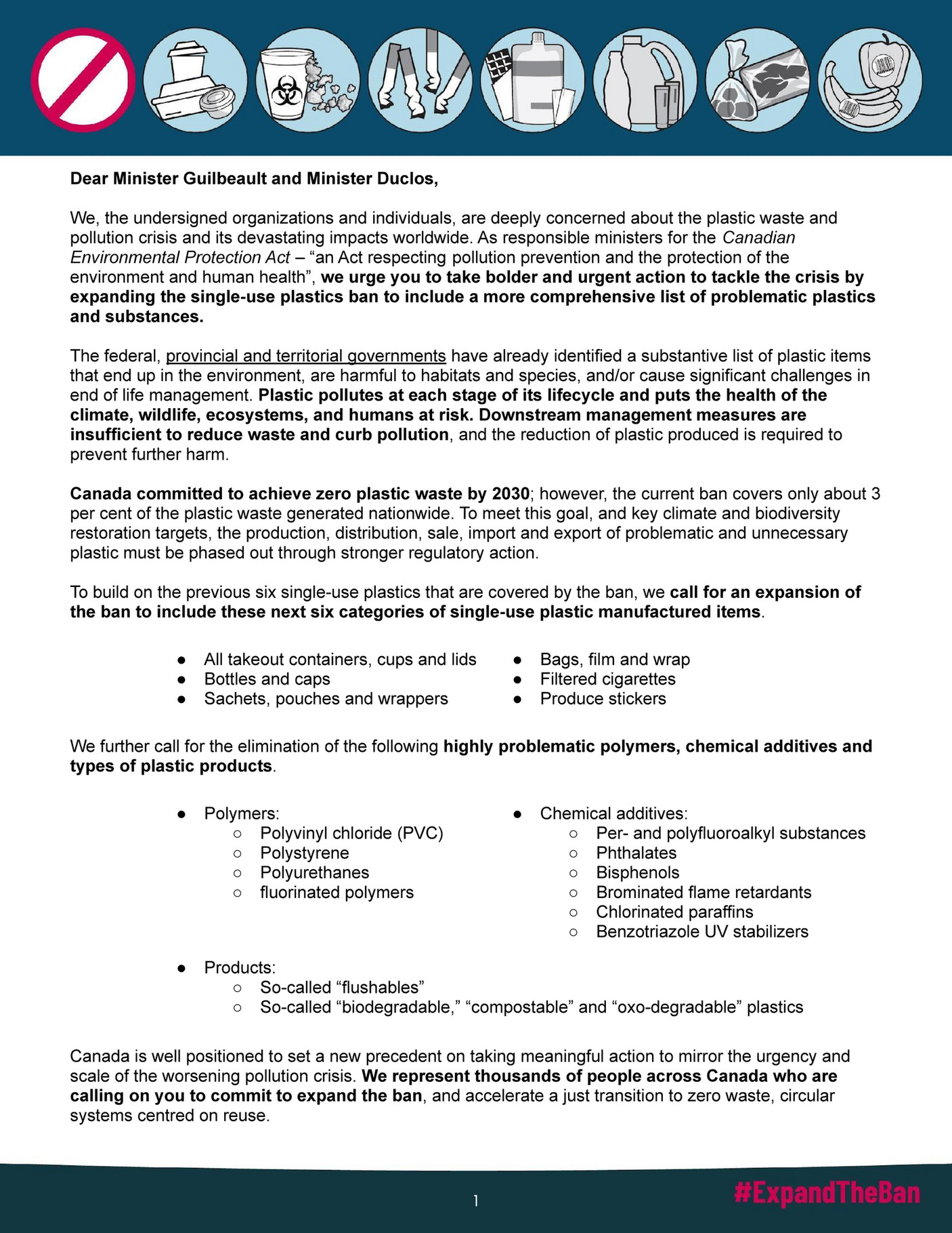 Joint letter to federal Ministers re. singleuse plastics ban Page 1