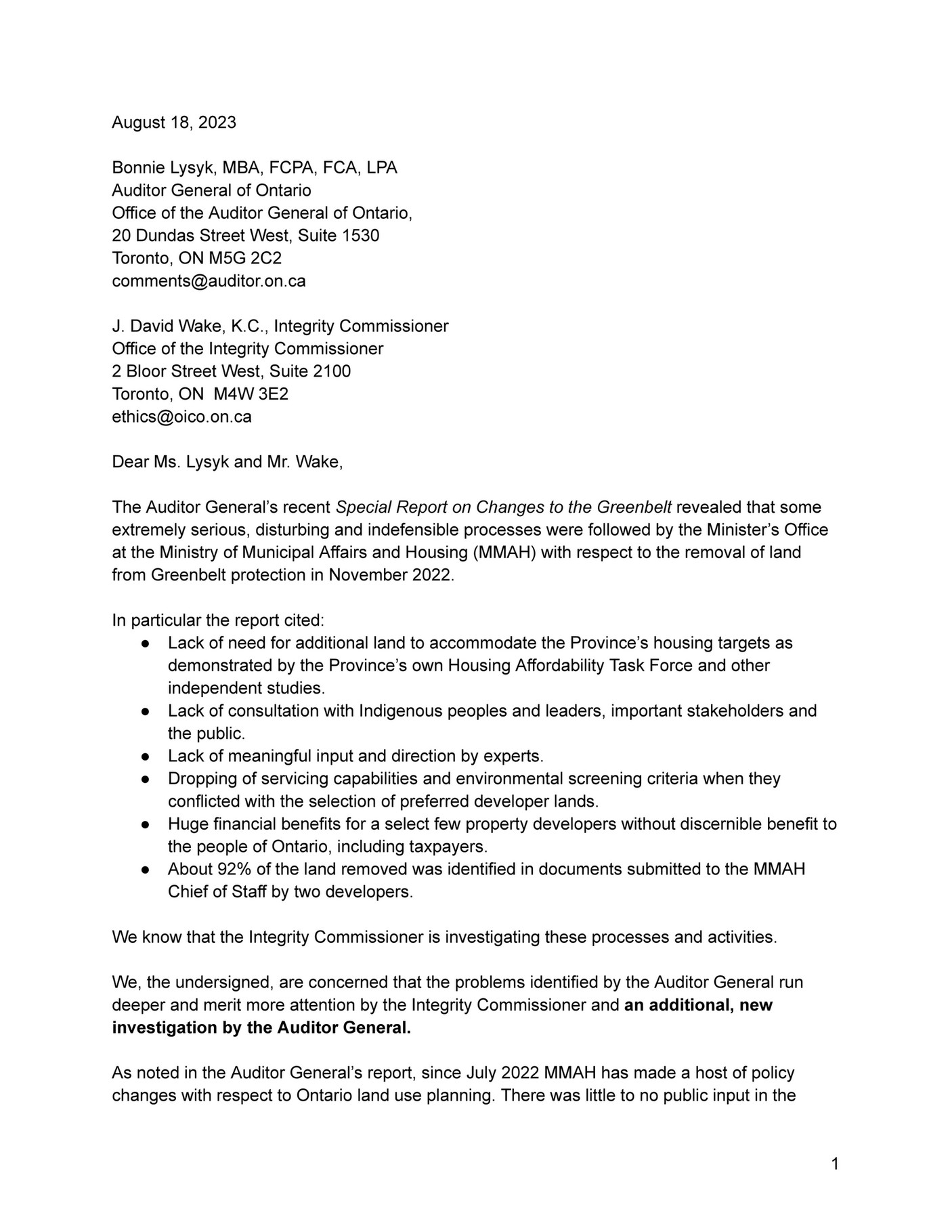 Letter To Ontario Auditor General And Integrity Commissioner Page 1   F9f71445 3418 41e4 8496 721576a9190b At1600 