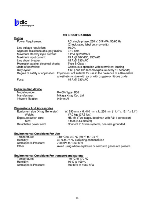 DLC Vet Pty Ltd - Atomscope HF200A Gen-2 X-ray Unit Manual - Page 16-17 ...