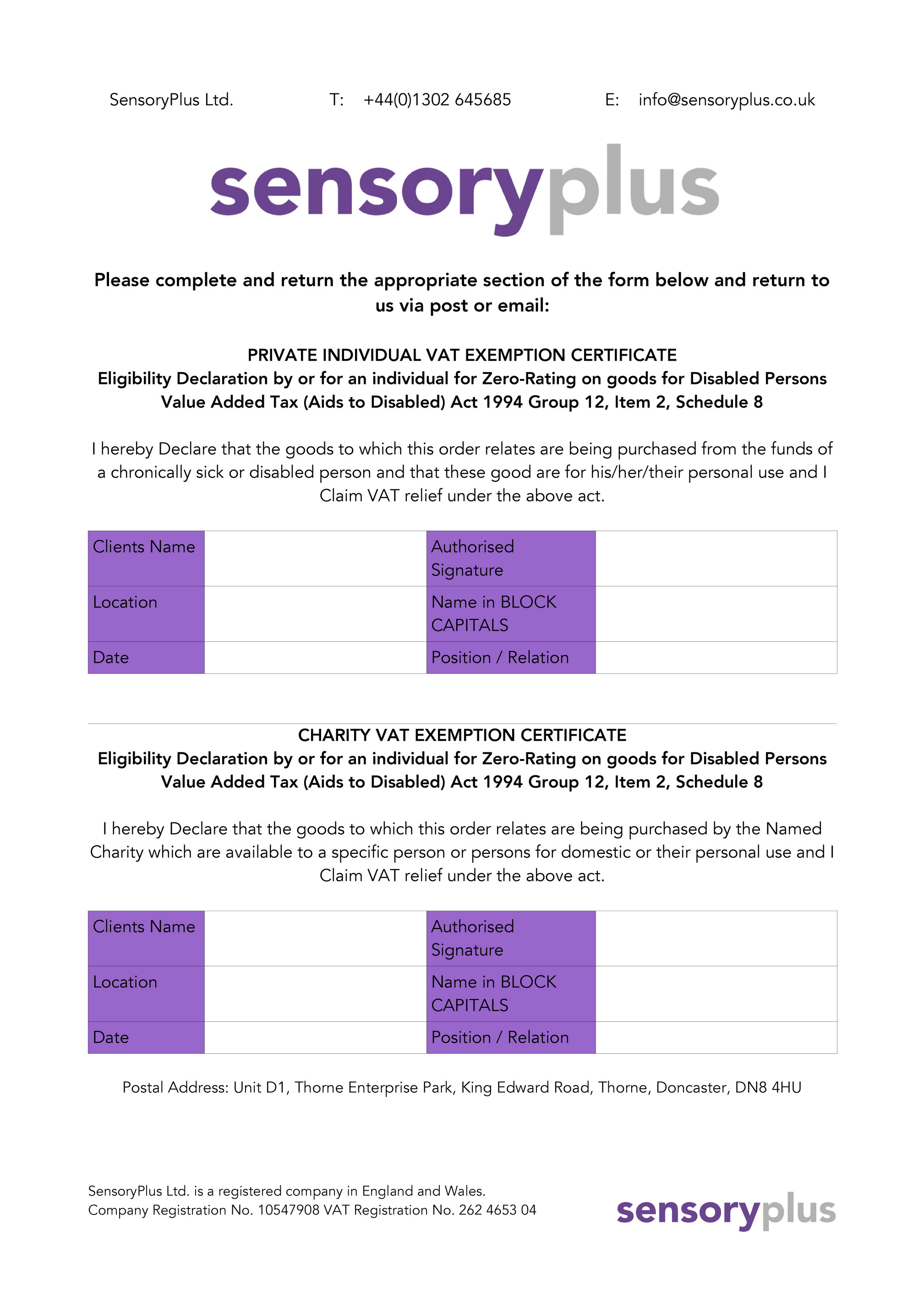 SensoryPlus Ltd - S+ VAT Exemption Form 2018 - Page 1 - Created 