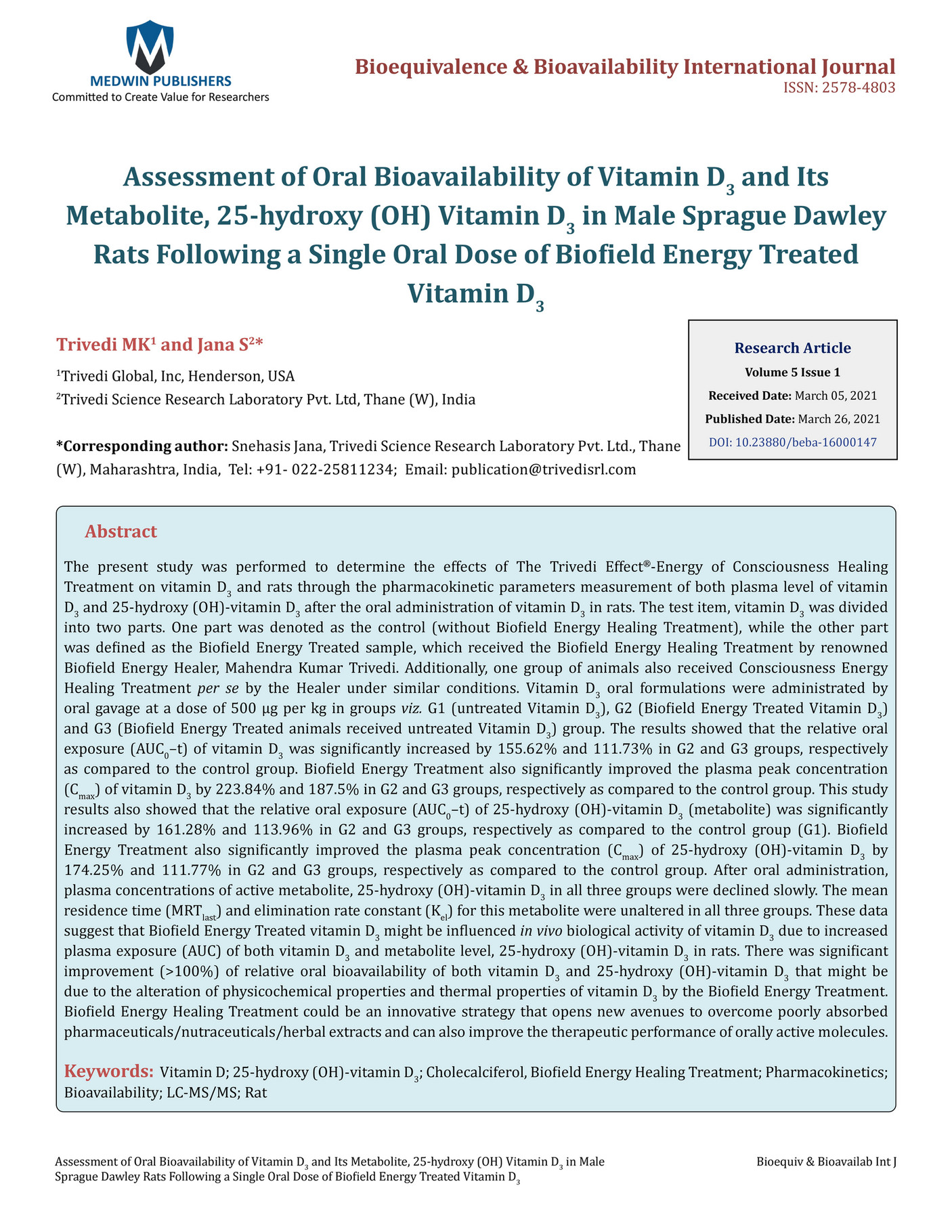 Assessment of Oral Bioavailability of Vitamin D3 and Its Metabolite, 25
