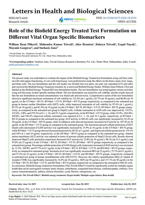 Role of the Biofield Energy Treated Test Formulation on Different Vital ...