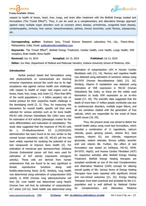 Impact of Biofield Energy Treatment Based Test Formulation on Vital ...
