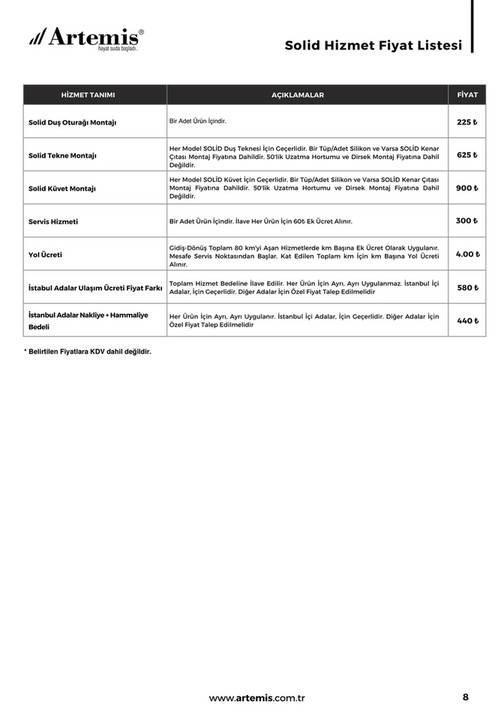 Artemis A.Ş. - Artemis A.Ş. 2022 Perakende Hizmet Fiyat Listesi - Page 8-9