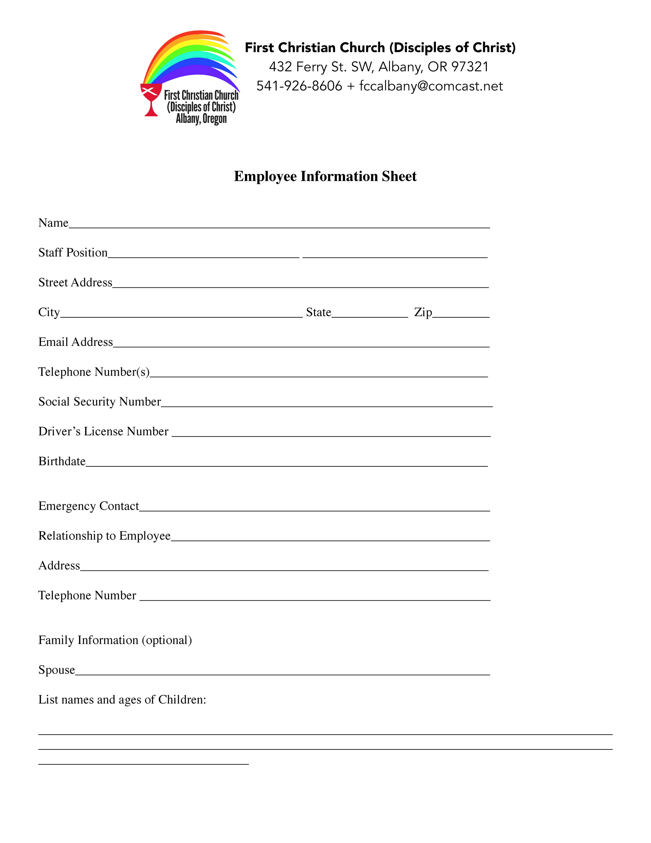 First Christian Church Of Albany Employee Information Sheet Page 1 Created With Publitas Com