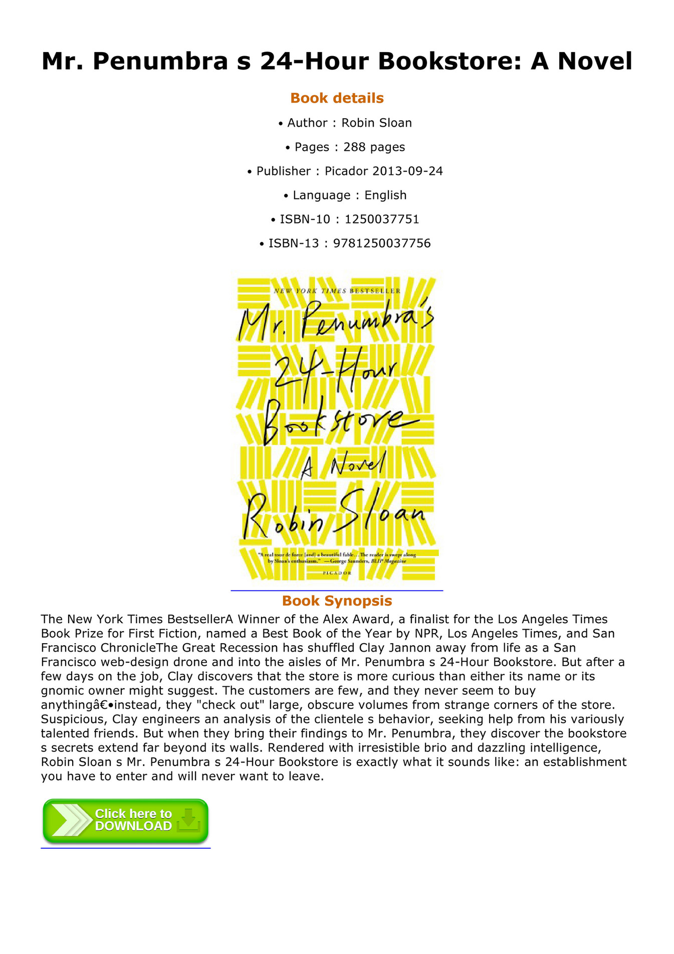 Top Mr Penumbra s 24 Hour Bookstore A Novel Page 1 Created with