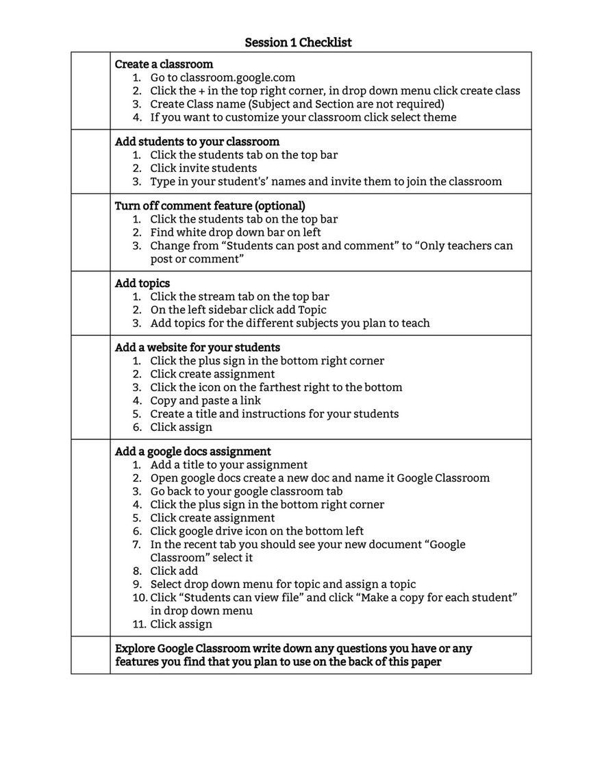 Mary E Stapleton Elementary Google Classroom Checklist