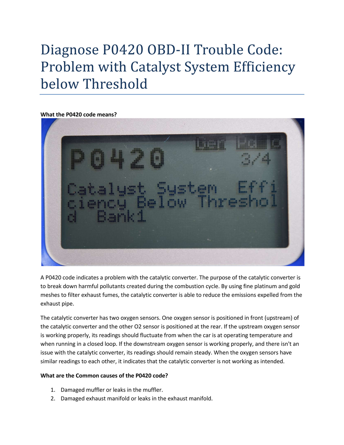 My Publications - PartsAvatar, Toronto - Diagnose P0420 OBD-II Trouble ...