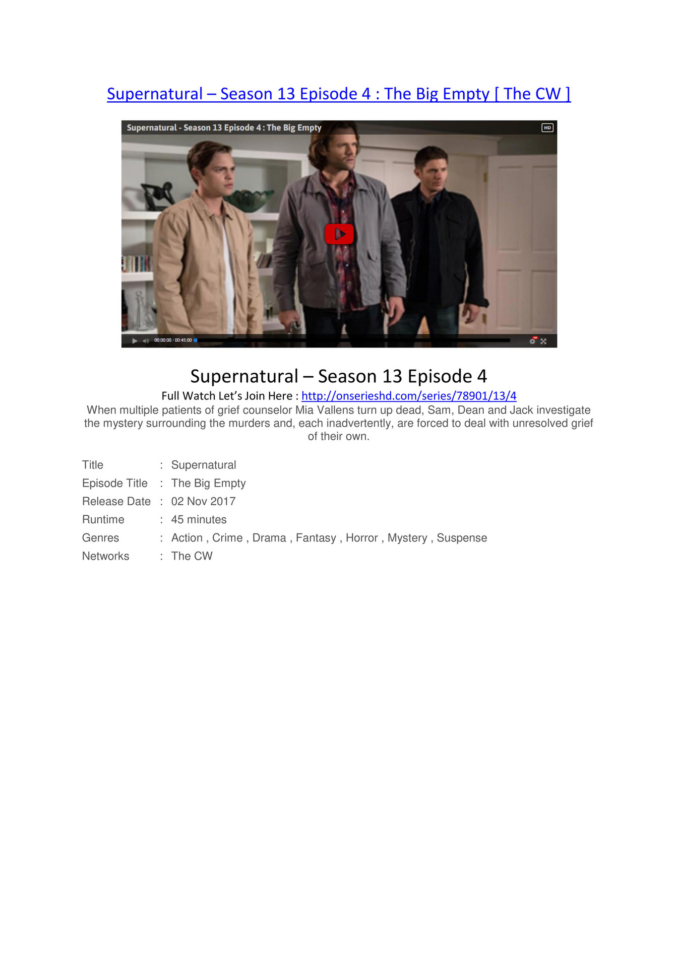 supernatural season 13 episode 1 full episode