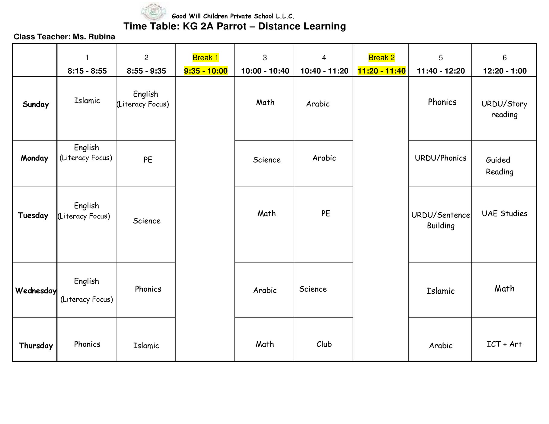 Good Will Children School KG 2 Timetable Term 2 Page 1 Created
