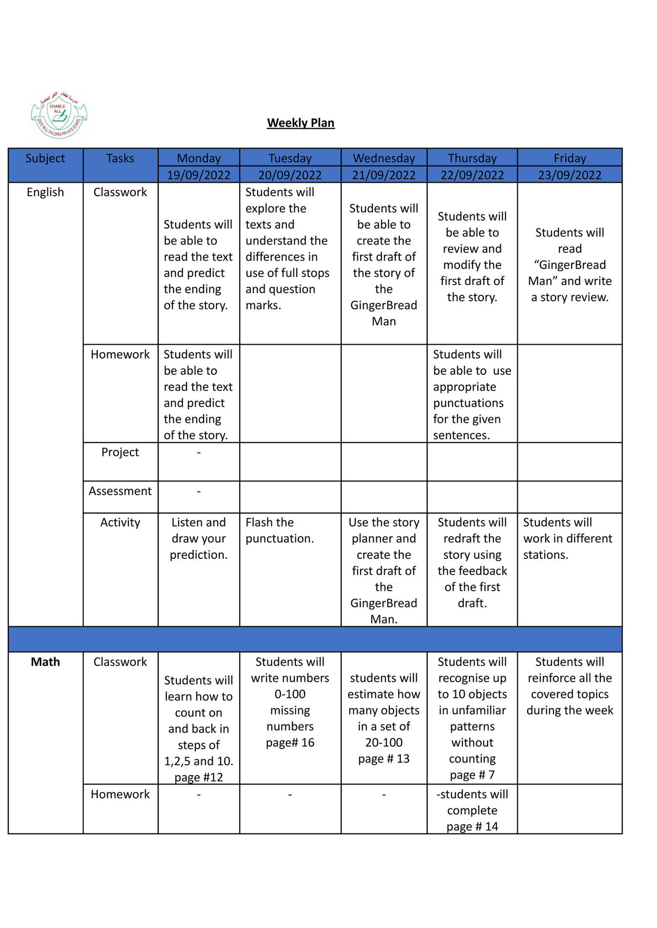 Good will children school gr 1 weekly plan week 4 page 1 created