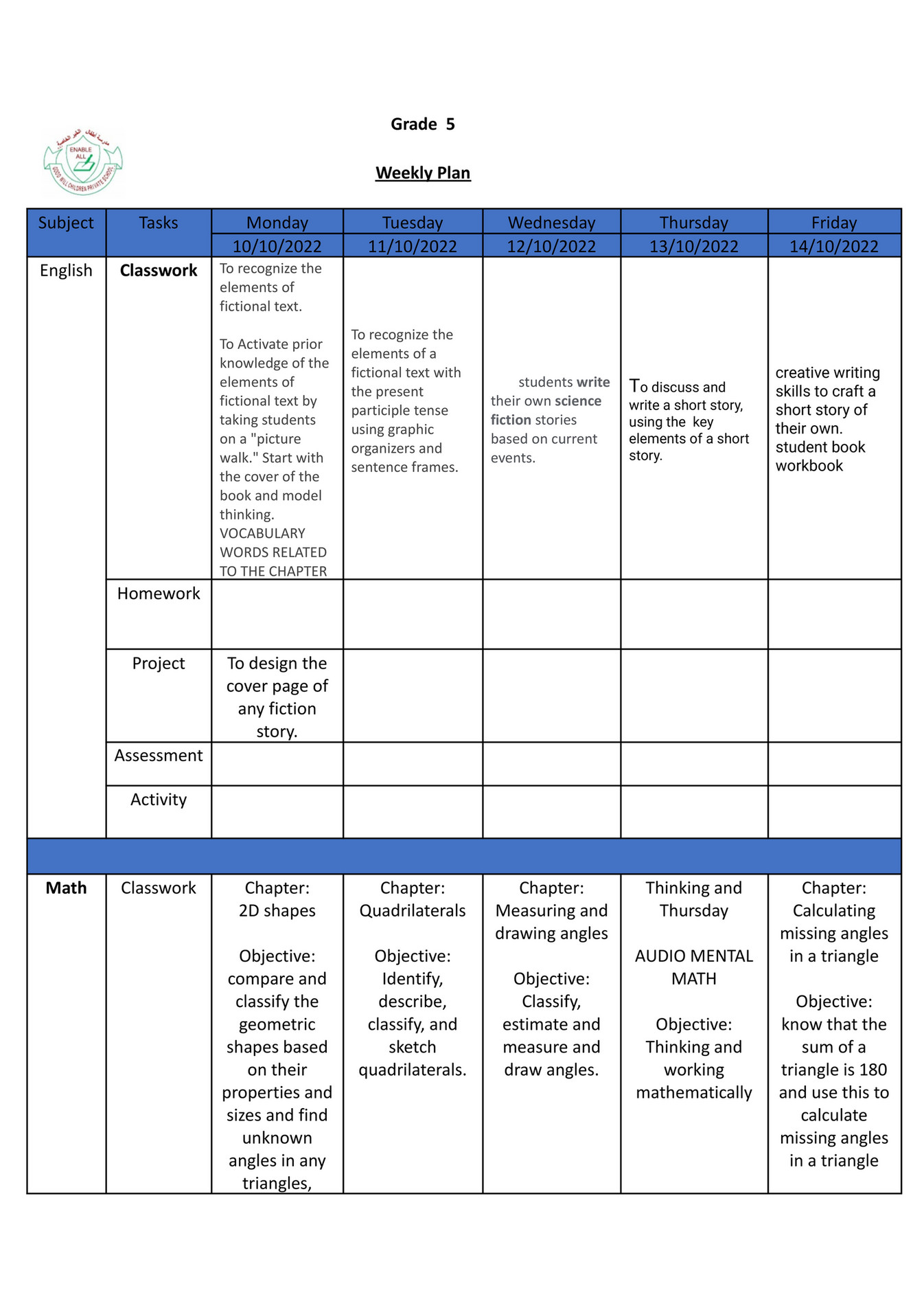 Good will children school gr 5 weekly plan template week 7 page 1