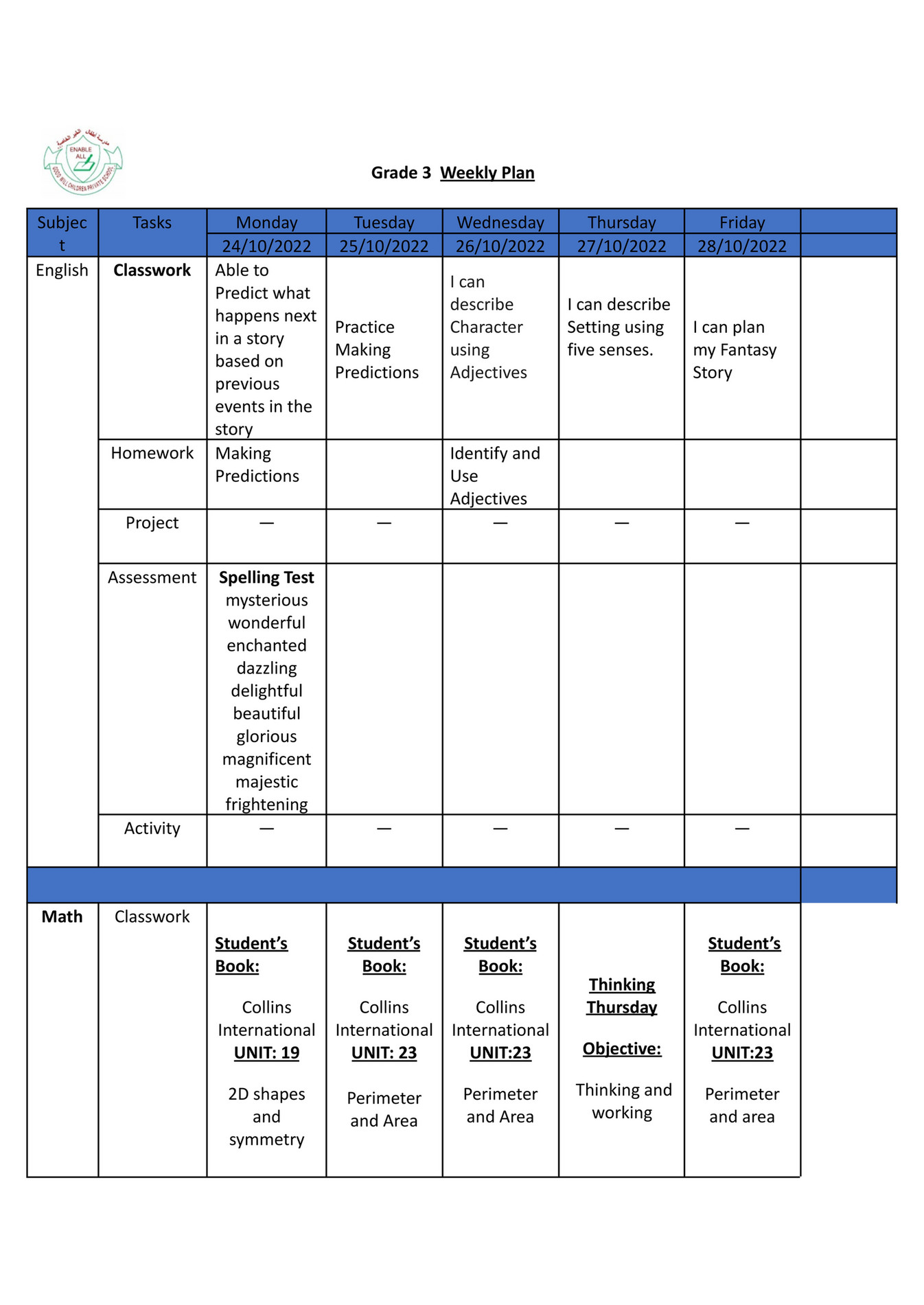 Good Will Children School - GR 3 Weekly Plan Week 8- Term 1 (2022-2023 ...