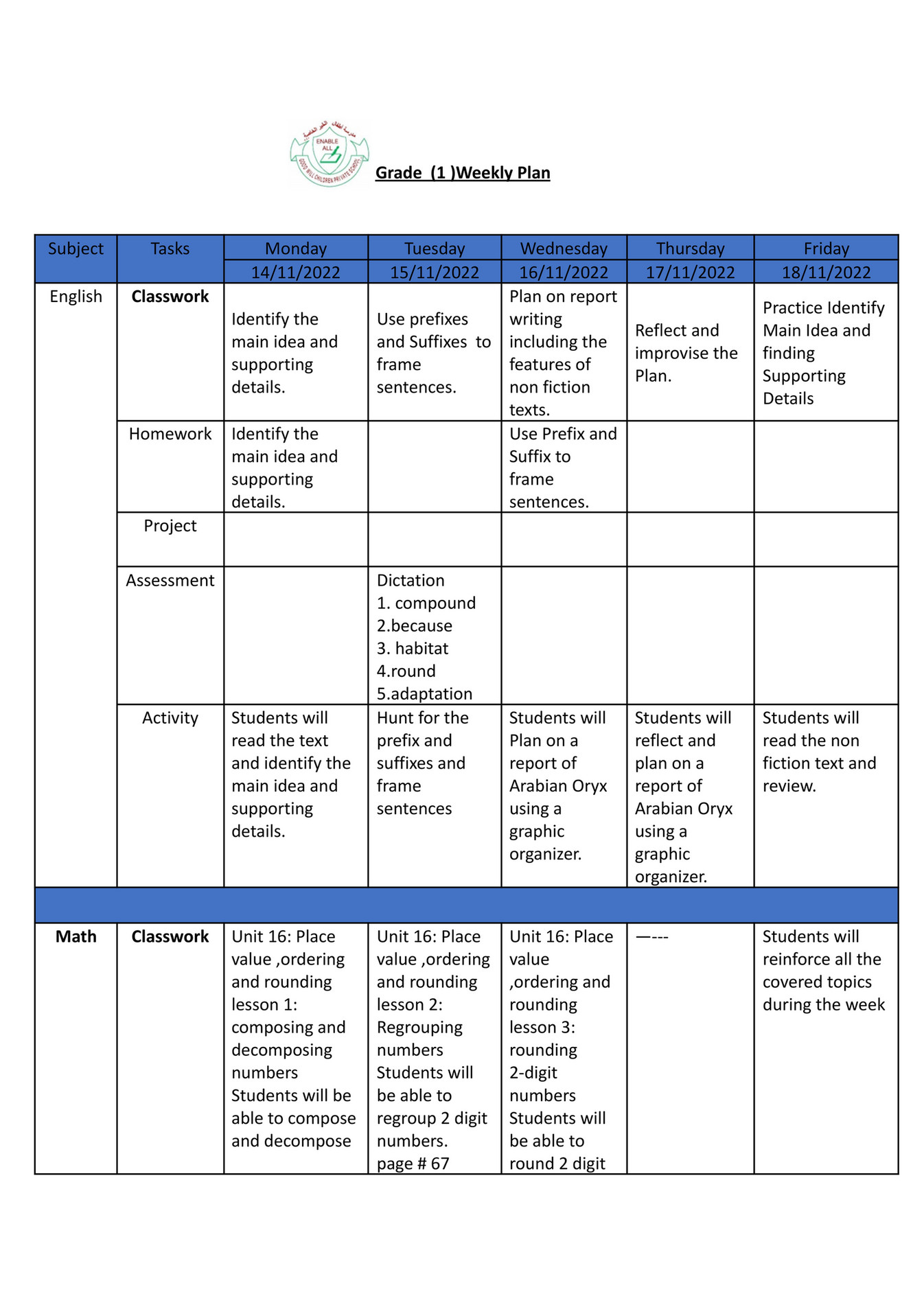 Good Will Children School - GR 1 -Weekly Plan-Week 11 - Page 4-5 ...