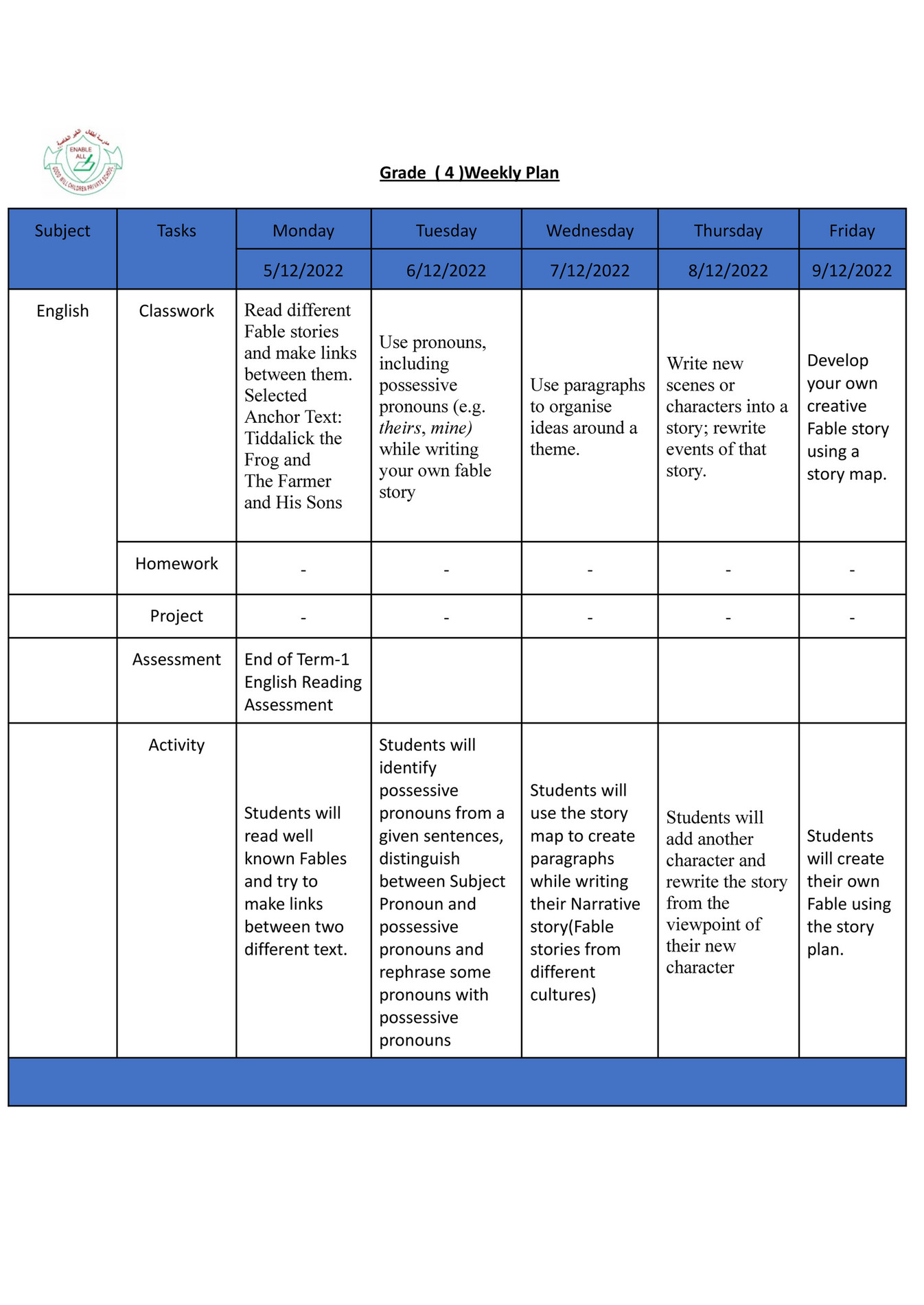 Good will children school gr 4 weekly plan week 14 page 1