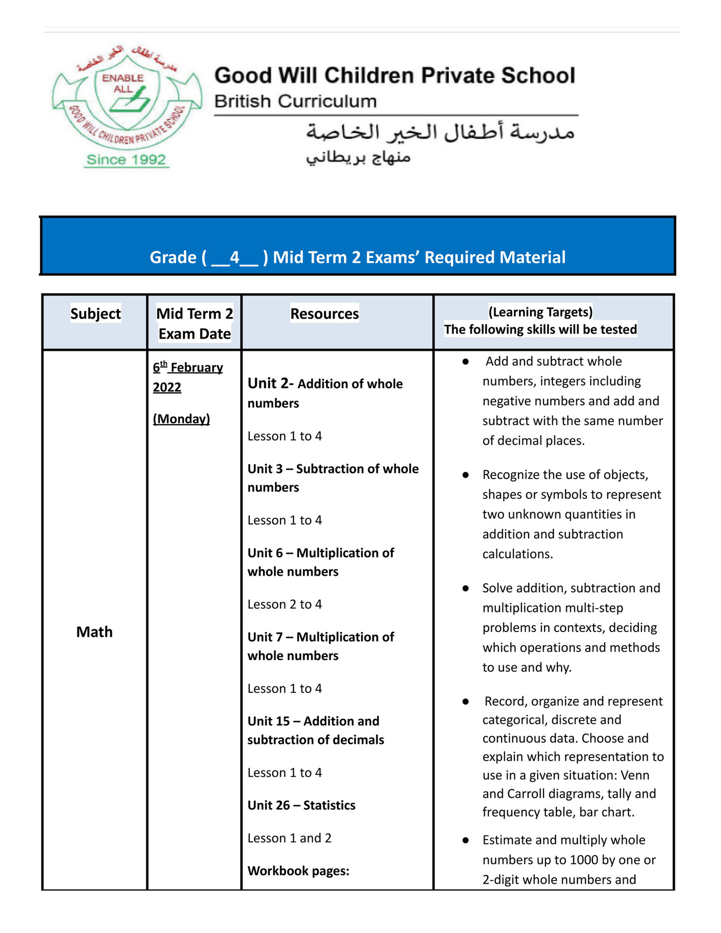Good will children school g 4 mid term 2 exam required material docx