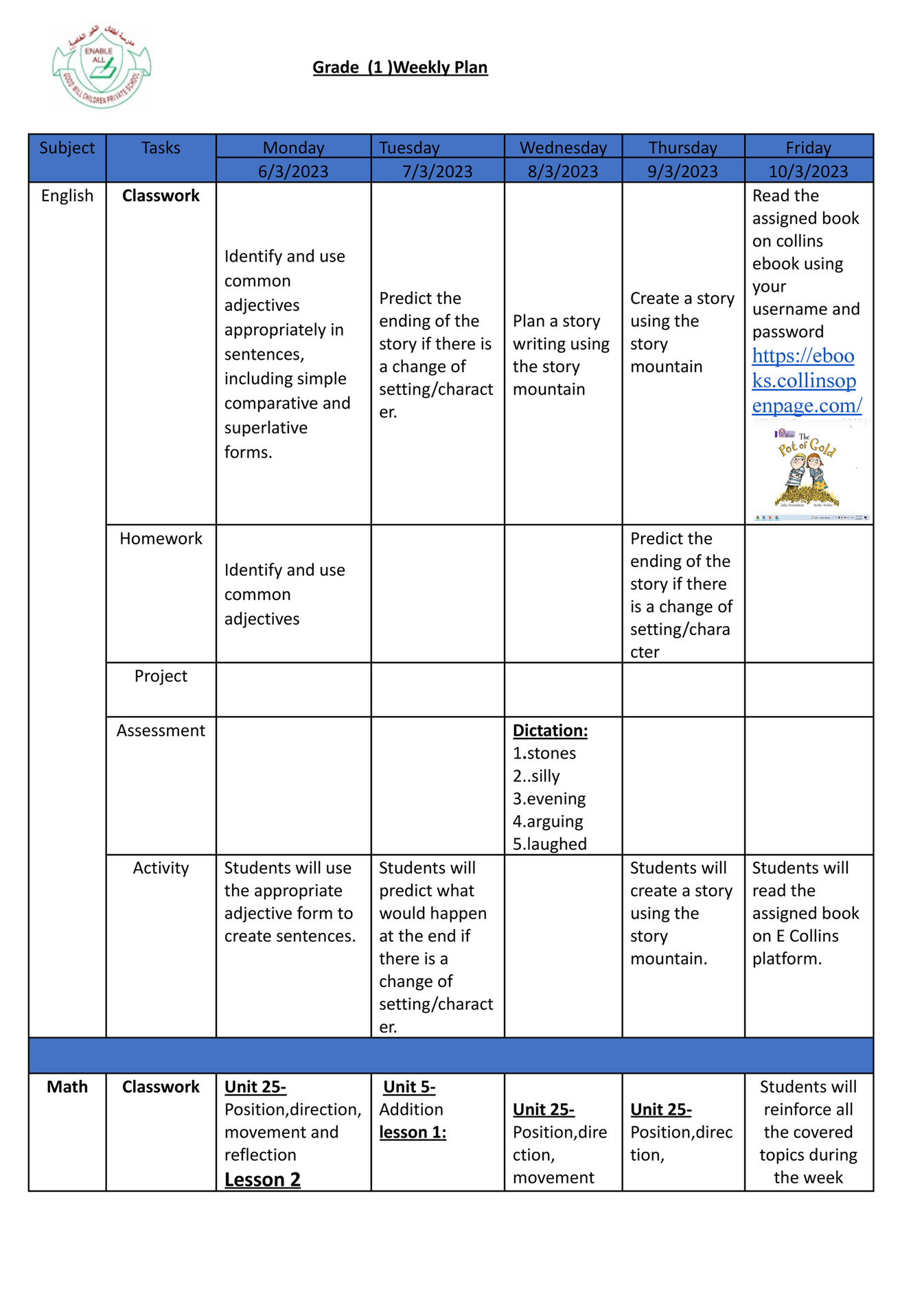 Good Will Children School - GR-1 -Weekly Plan-Term-2-Week-10 - Page 2-3 ...