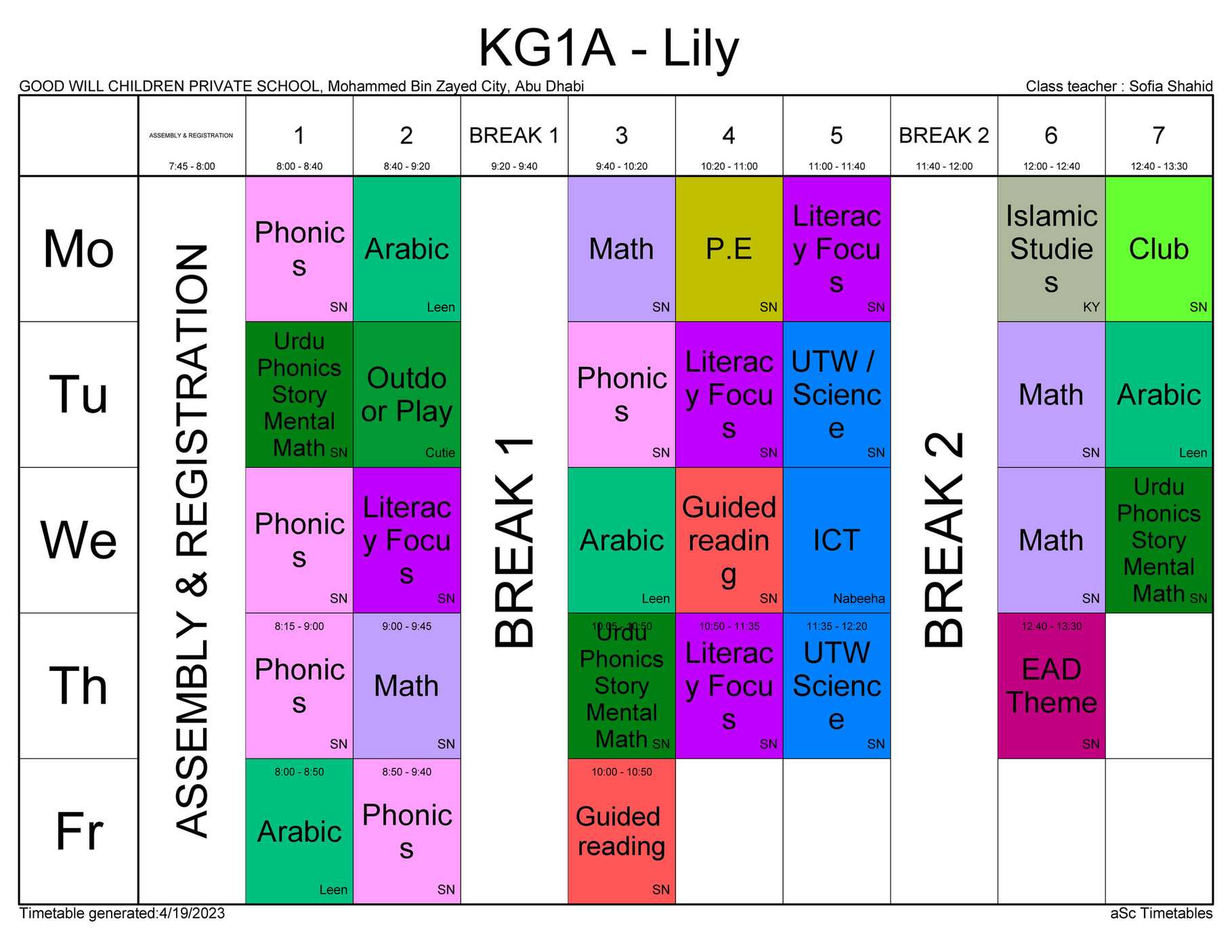 Good Will Children School KG Classes TimeTable Term3 Page 1