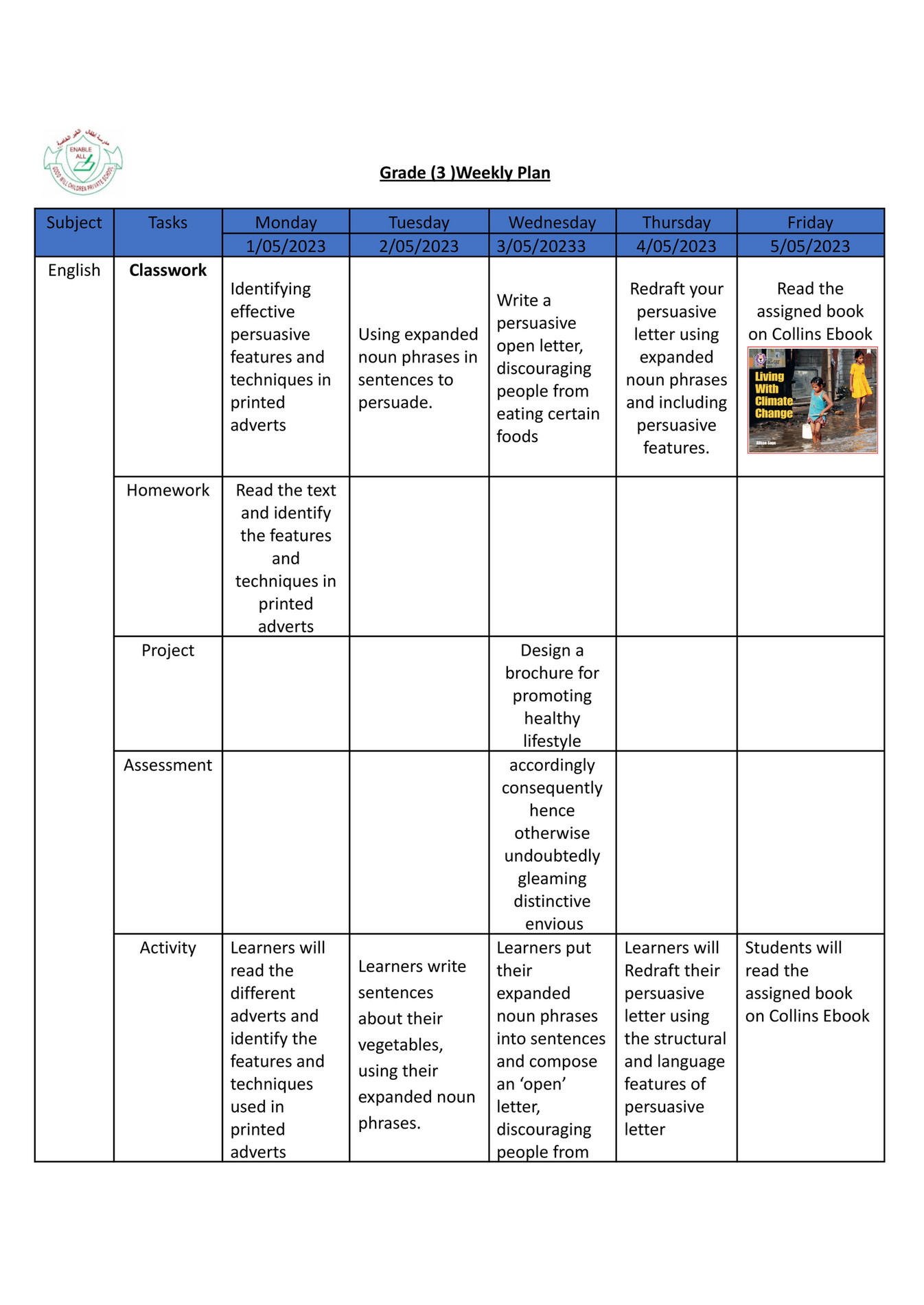 Good Will Children School - GR-3 -Weekly Plan-Term-3-Week-4 - Page 1 ...