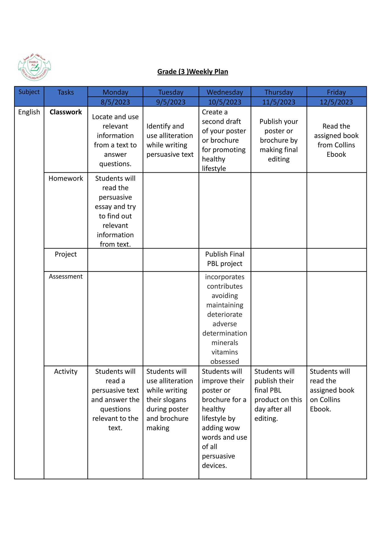 Good Will Children School GR3 Weekly PlanTerm3Week5 Page 1