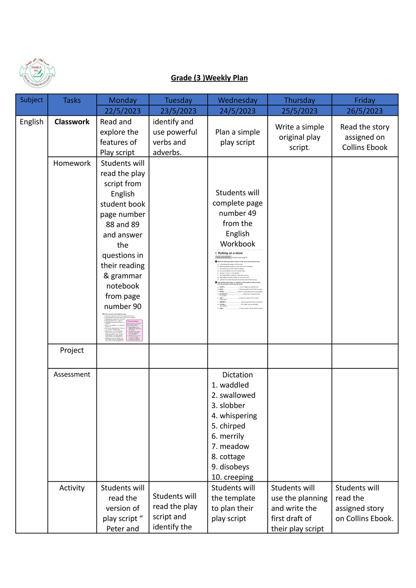 Good Will Children School GR3 Weekly PlanTerm3Week7 Page 1