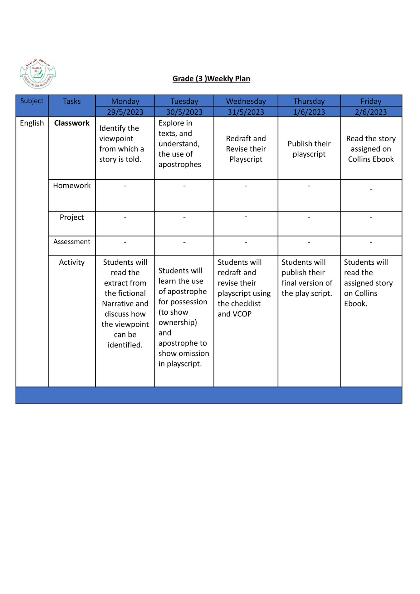 Good Will Children School - GR-3 -Weekly Plan-Term-3-Week-8 - Page 1 ...