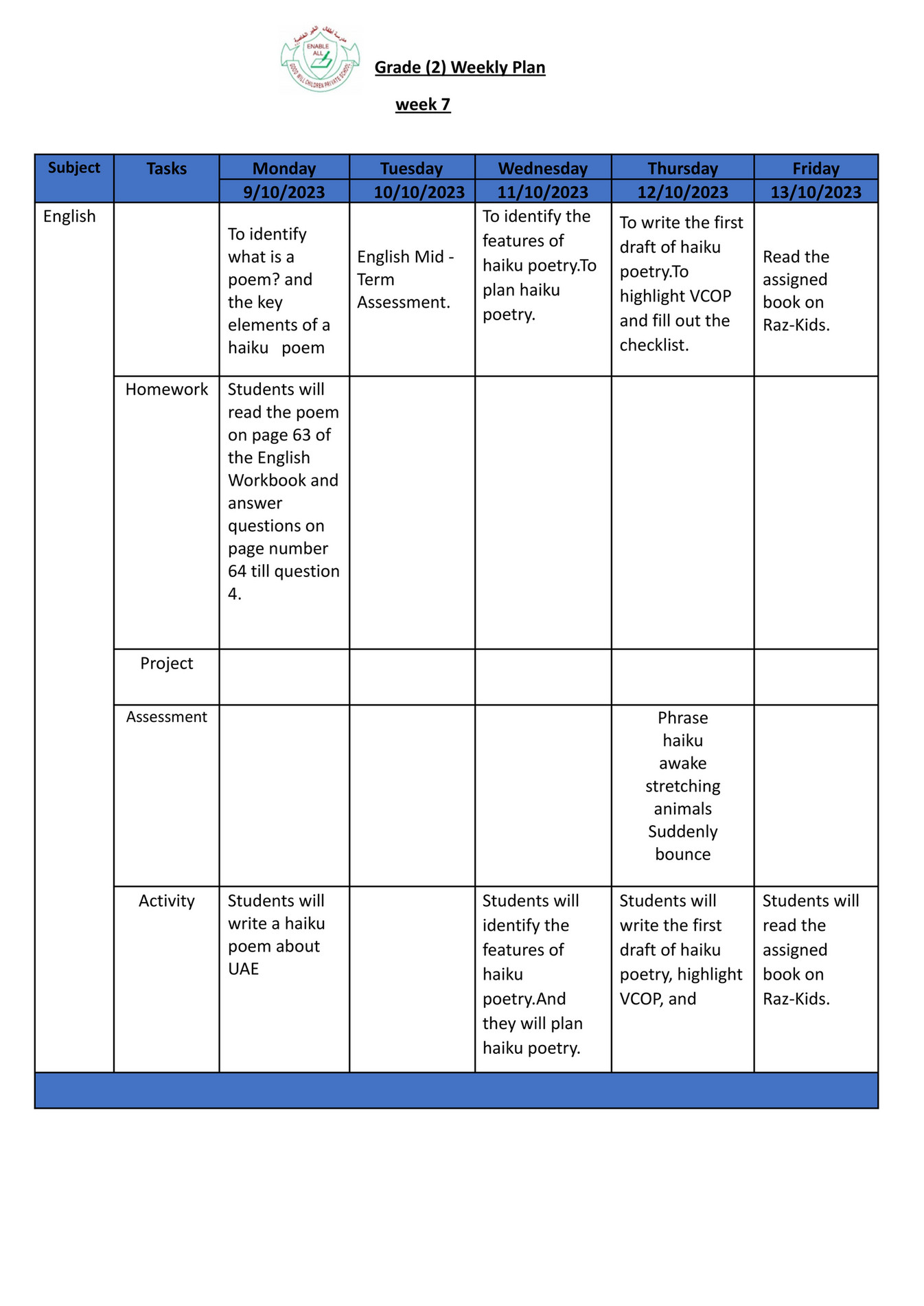 Good Will Children School - GR-2 -Weekly Plan-Term-1-Week-7 - Page 2-3 ...