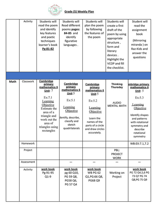 Good Will Children School - GR-5 -Weekly Plan-Term-1-Week-7 - Page 1 ...
