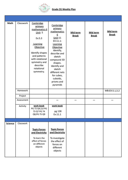 Good Will Children School - GR-5 -Weekly Plan-Term-1-Week-8 - Page 1 ...