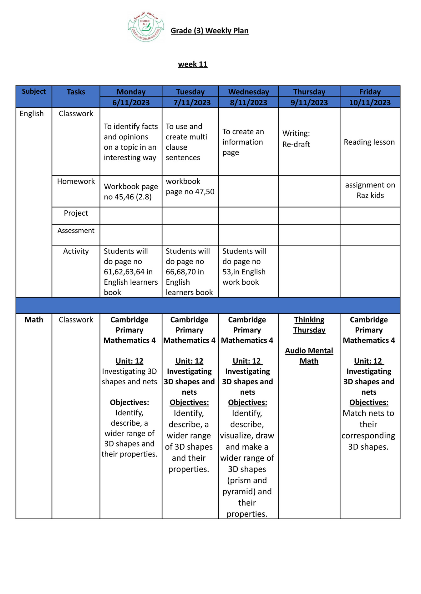 Good Will Children School - GR-3 -Weekly Plan-Term-1-Week-11 - Page 2-3 ...