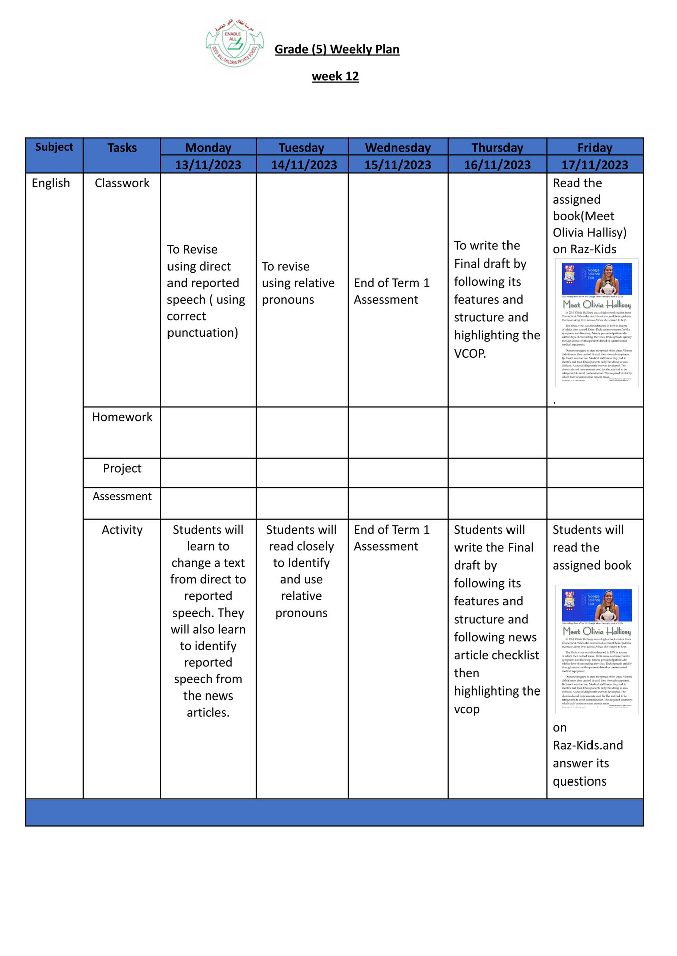 Good Will Children School - Gr-5 -weekly Plan-term-1-week-12 - Page 1 