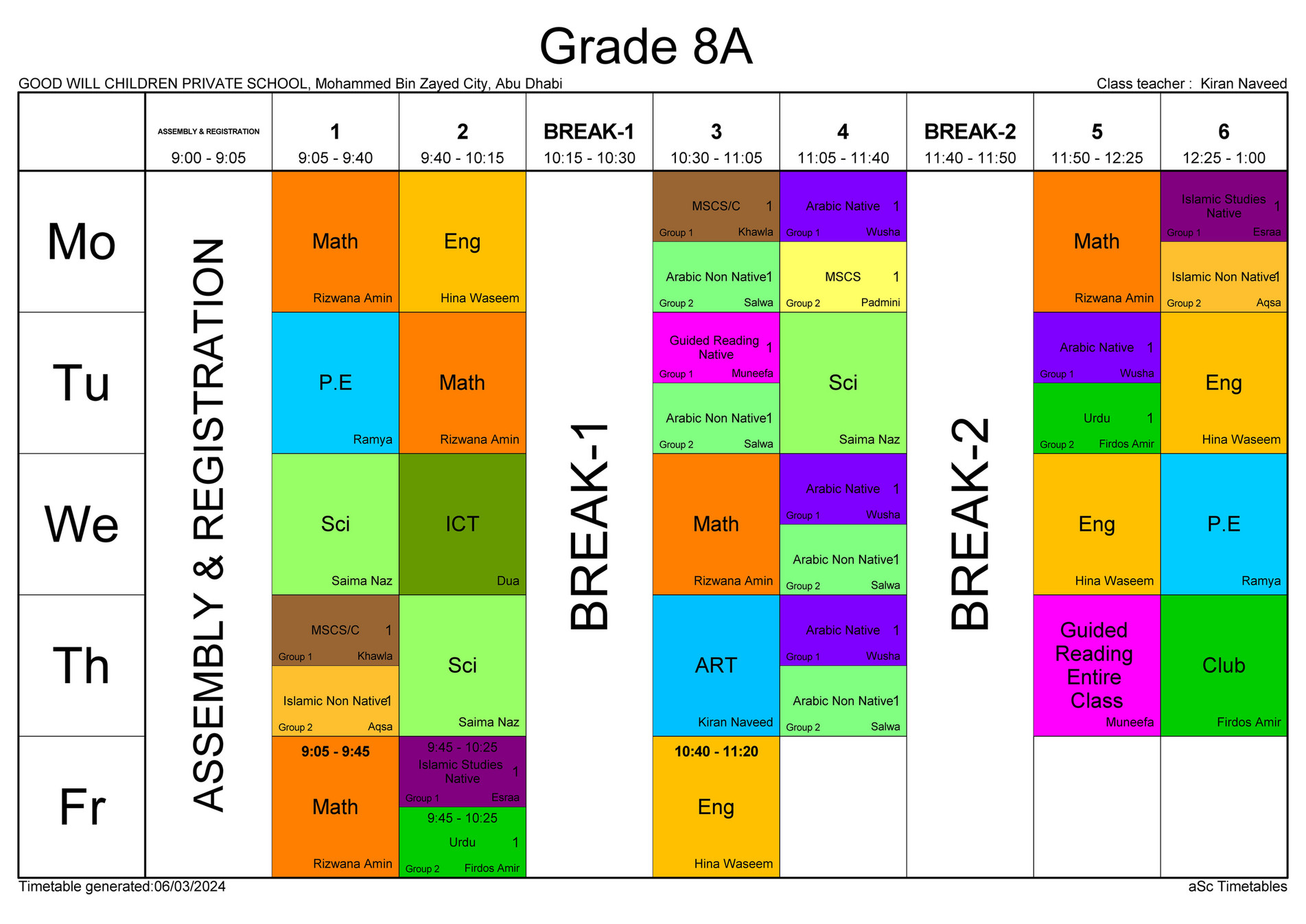 Good Will Children School - Ramadan Class Timetable Grade 8 - Page 1 ...