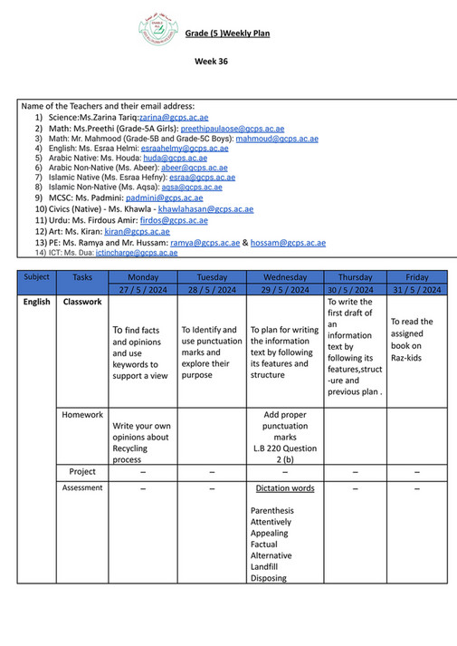 Good Will Children School - GR-5 -Weekly Plan-Term-3-Week-36 - Page 1 ...