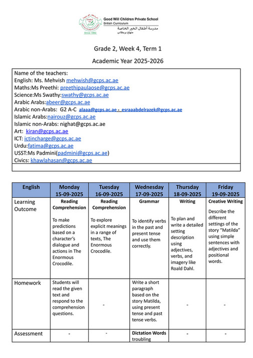 Good Will Children School - GR-2-Weekly Plan-Term-1-Week-4 - Page 2-3 ...