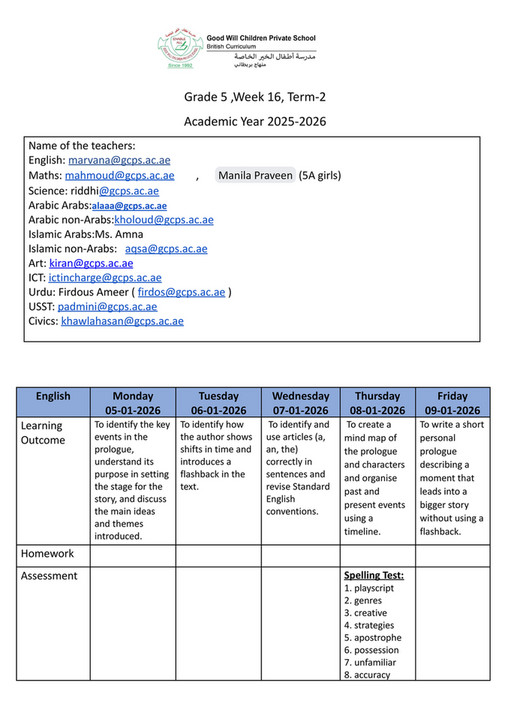 Good Will Children School - GR-5-Weekly Plan-Term-1-Week-16 - Page 2-3 ...