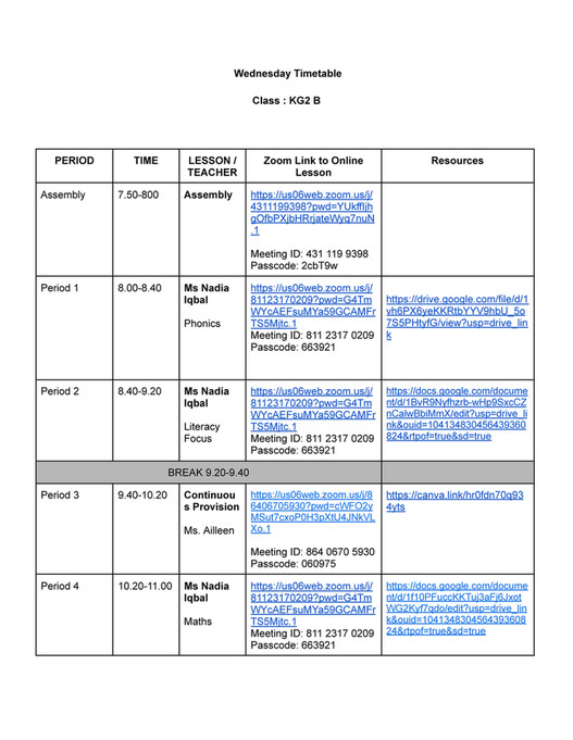 Good Will Children School - KG2B Wednesday and Zoom Links Timetable ...