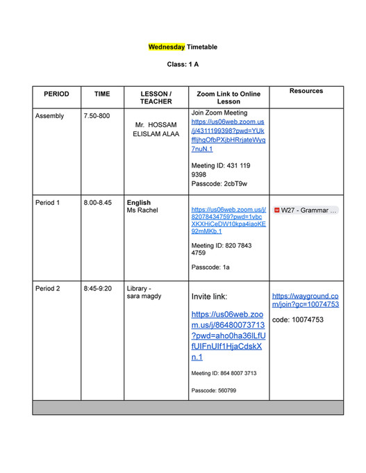 Good Will Children School - Grade-1A - Timetable Wednesday and Zoom ...