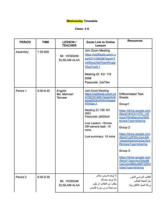 Good Will Children School - Grade-2A - Timetable Wednesday and Zoom ...