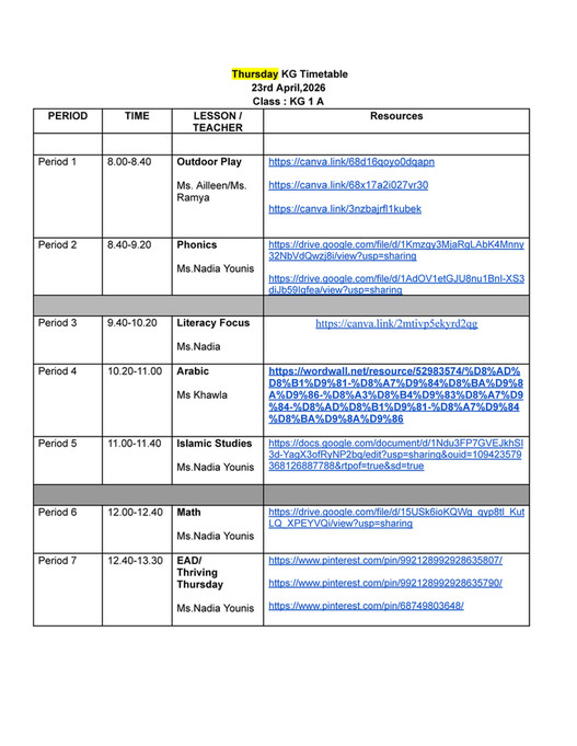 Good Will Children School - KG 1A - Timetable Thursday and Resources ...