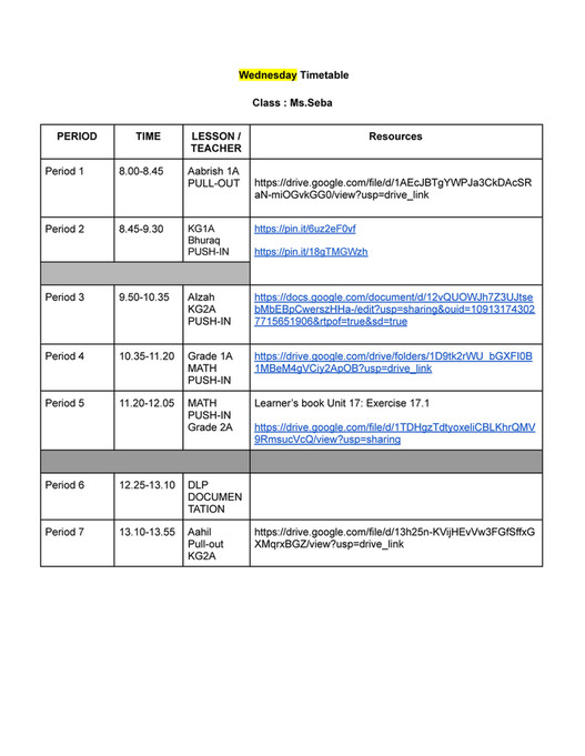 Good Will Children School - Ms. Seba Timetable Wednesday & Resources ...