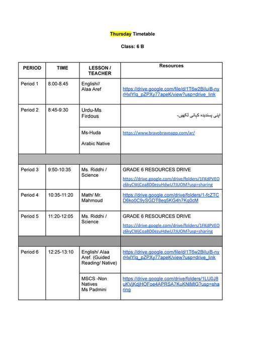 Good Will Children School - Grade 6B - Timetable Thursday & Resources ...