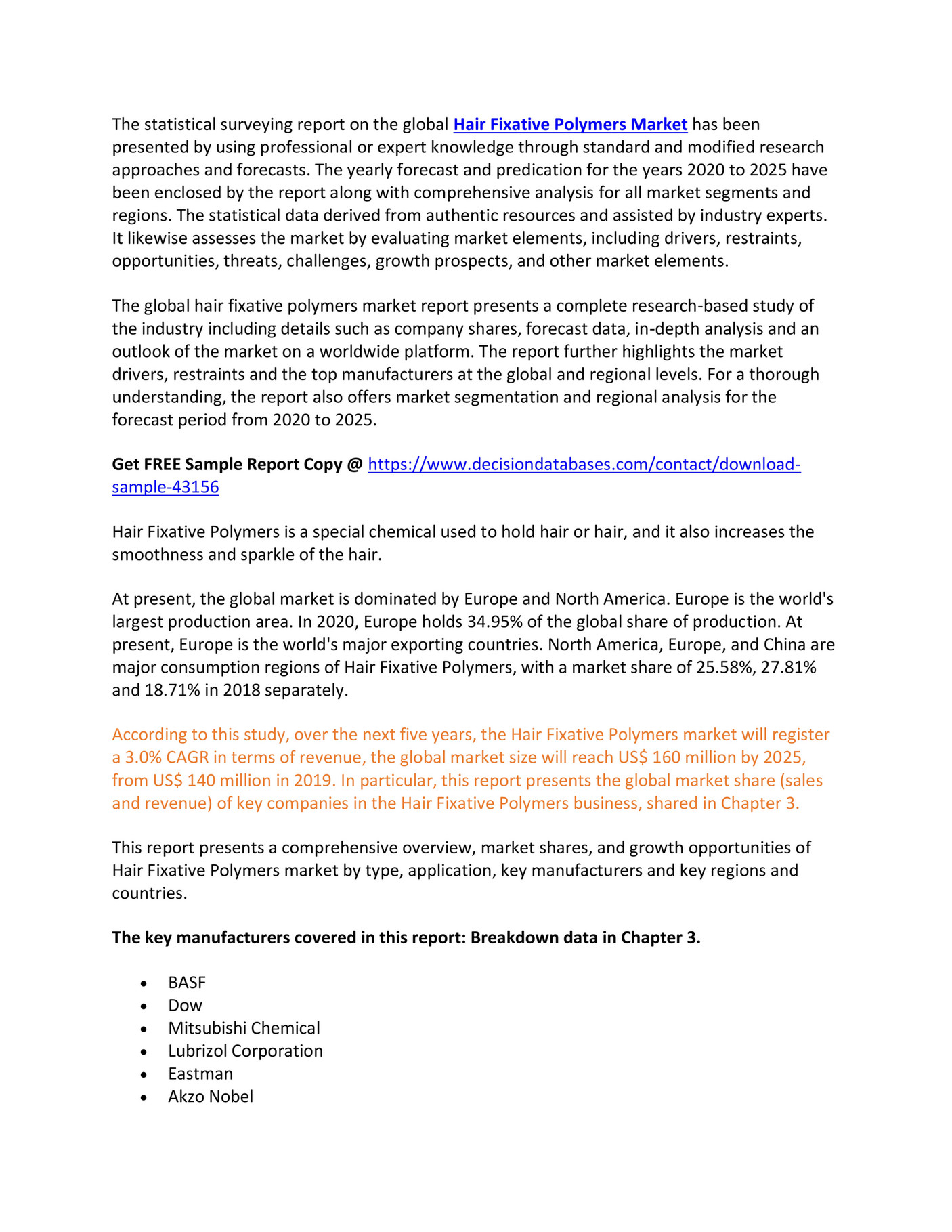 Hair Fixative Polymers Market Report From 2020 To 2025 Page 1