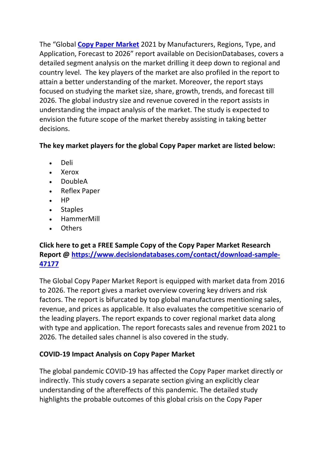 Copy Paper Market Size, Growth and Forecast Analysis Report To, 2026