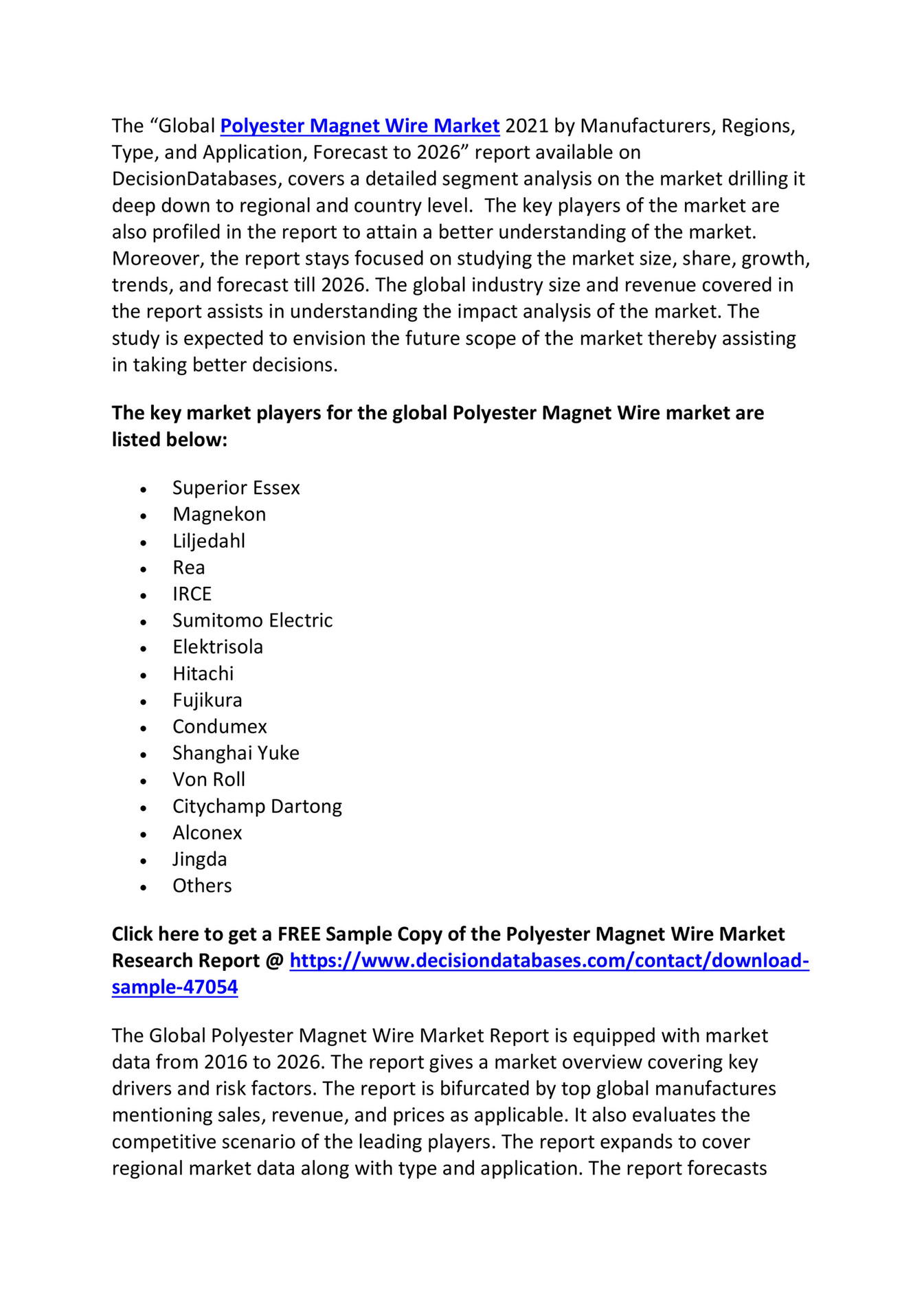 Polyester Wire Market Size, Growth, 2021 to 2026 Industry