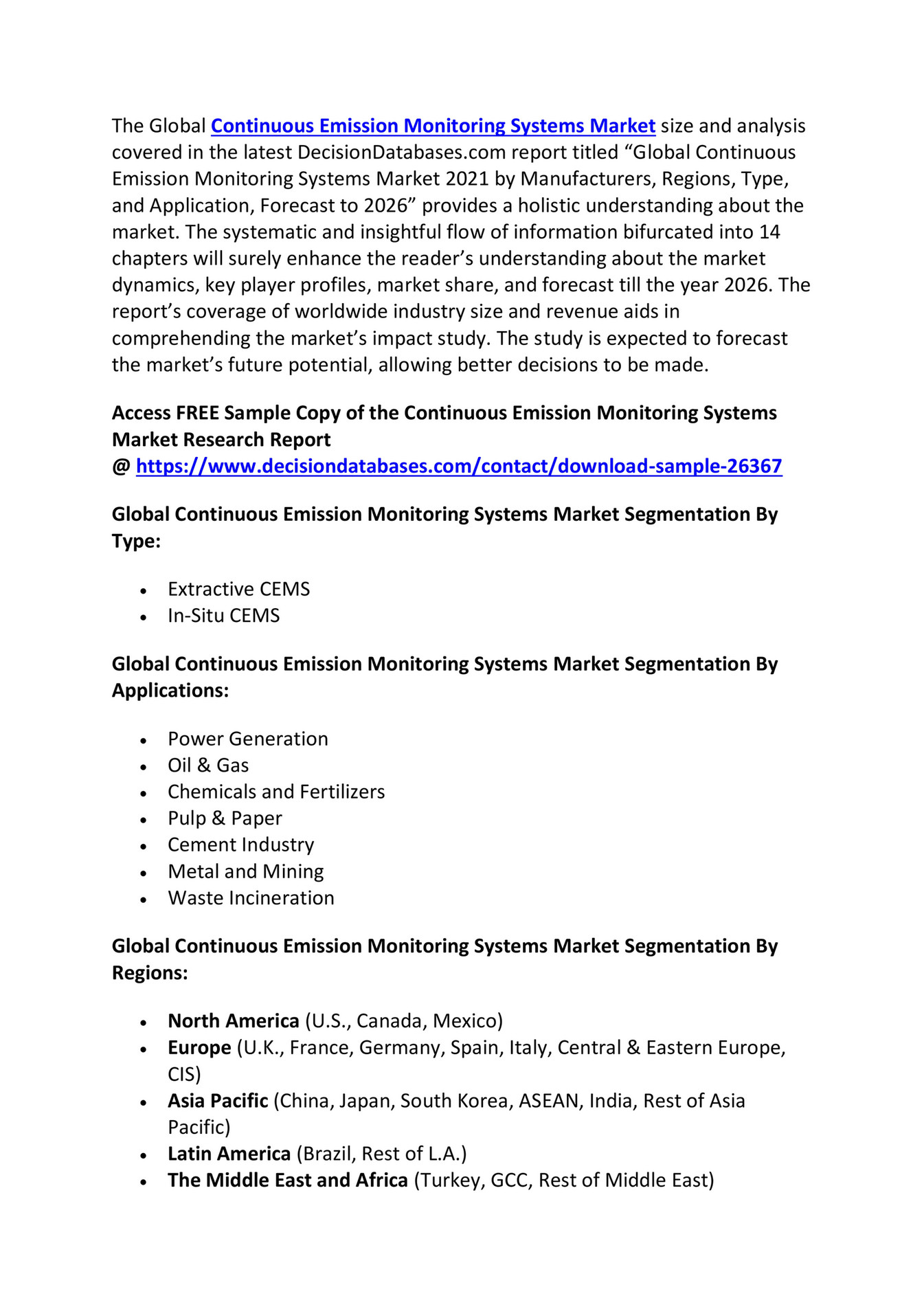 Continuous Emission Monitoring Systems Market Research Report From 2021